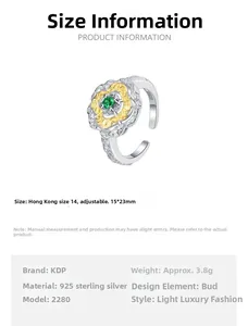 Detailed specs of S925 sterling silver clover ring with green zircon and floral relief