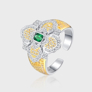 925 Sterling Silver Vintage Flower Snowflake Open Ring Two Tone Gold Plated Green Gemstone Rhinestone Hollow Honeycomb Jewelry