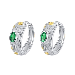S925 silver vintage embossed earrings with green zircon and gold flower accents