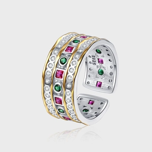 Vintage 925 Sterling Silver Wide Band Ring For Women Colorful Rhinestone Inlaid Gold Silver Plated Hollow Adjustable Ring