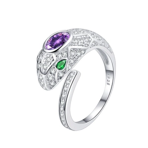 S925 Sterling Silber Schlangenring mit lila Zirkon und grünen Edelsteinaugen für Damen