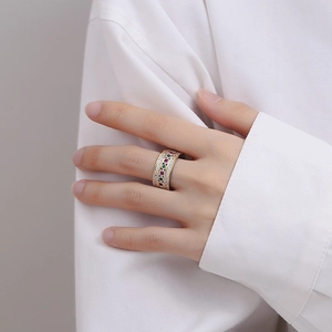 Three-layer gold-plated S925 silver ring with colorful zirconia stones worn on finger