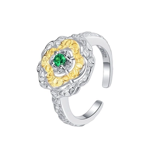 S925 silver retro two-tone clover open ring with green zircon and relief carvings