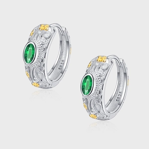 Vintage 925 Sterling Silver Green Rhinestone Relief Flower Hoop Earrings Gold Silver Two-tone Engraved Jewelry For Women