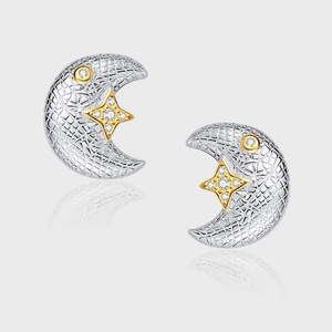 925 Sterling Silver Star Moon Stud Earrings For Women Two Tone Gold Silver Textured Rhinestone Inlaid Italian Brushed Jewelry Gift