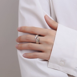 Elegant gold and silver contrast feather open ring in S925 sterling silver for women