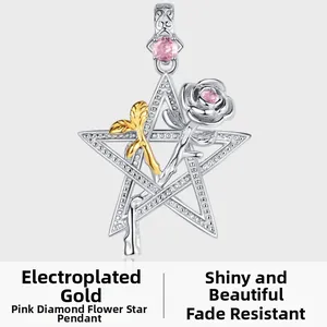 Macro view of S925 silver star rose pendant with gold plating and pink zircon details