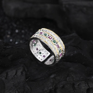 French S925 silver wide ring with three layers of colorful zircons and gold accents