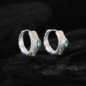 Vintage S925 silver embossed earrings with gold flowers and green zircon center
