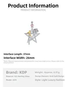 Detailed size chart for S925 silver star rose pendant with 37mm by 26mm dimensions
