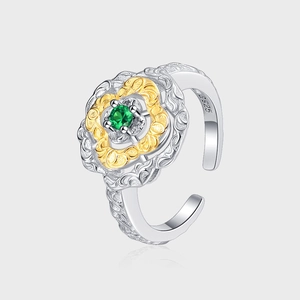 Vintage 925 Sterling Silver Two-Tone Ring For Women Green Rhinestone Palace Style Arabesque Relief Adjustable Open Ring Jewelry
