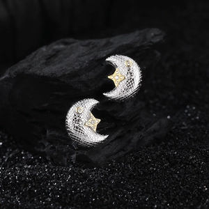 S925 sterling silver star and moon stud earrings with gold contrast and mesh texture