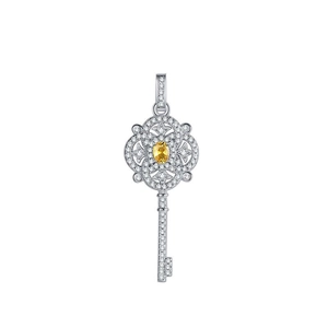 S925 sterling silver lucky goddess key pendant with yellow sapphire and pavé diamonds