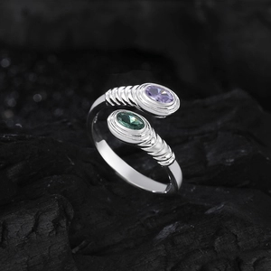 Vintage S925 sterling silver adjustable ring with purple and emerald green crystals
