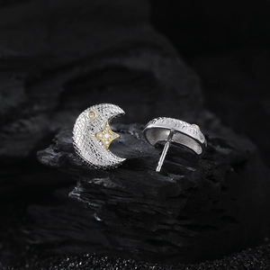S925 sterling silver moon and star stud earrings with brushed texture and gold accents