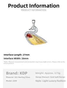 Detailed size specifications for S925 sterling silver swan pendant 27x26mm with red gemstone