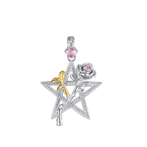 S925 silver star and rose pendant with pink crystal and two-tone gold plating