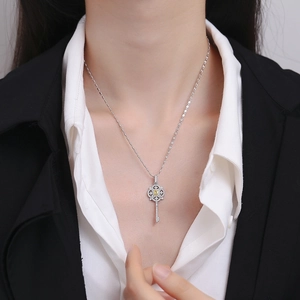 S925 silver goddess key pendant necklace with yellow gemstone and pavé diamonds