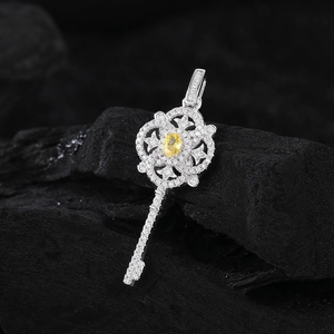 Elegant S925 sterling silver key pendant with yellow oval gemstone and full diamond pave