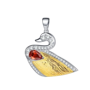 Elegant S925 sterling silver swan pendant with gold brushing and red pear-cut gemstone