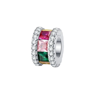 S925 sterling silver cylinder charm with colorful square crystals and white zircons