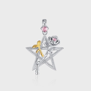 S925 Sterling Silver Star Rose Pendant Necklace Pink Rhinestone Two-Tone Gold Silver Plated Gothic Vintage Women Jewelry