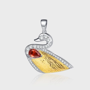 925 Sterling Silver Swan Pendant Necklace With Red White Rhinestone French Brushed Style Gold Silver Two Tone Jewelry For Women