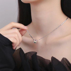 Square colored crystals cylinder pendant necklace in S925 sterling silver for women