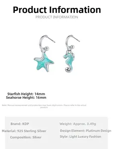 Detail showing S925 silver seahorse and starfish earrings with size dimensions