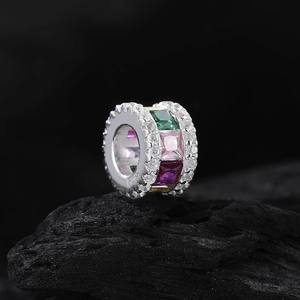 Luxurious S925 sterling silver cylinder charm with colorful square zirconia on dark stone