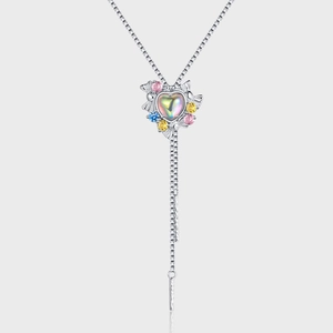 925 Sterling Silver Heart Moonstone Pendant Necklace For Women Colorful Rhinestone Bow Tassel Adjustable Box Chain Jewelry
