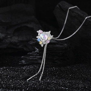 S925 silver heart moonstone necklace with colorful zircon accents on dark stone