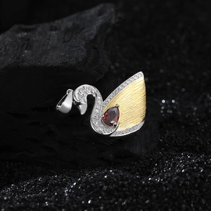 S925 silver swan pendant with red pear-cut stone and gold brushed wing detail