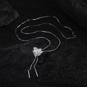 S925 silver heart necklace with moonstone and colorful tassels on black stones