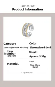 Detailed S925 sterling silver hollow vine ring specifications with adjustable size details