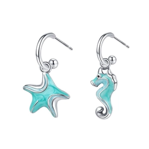S925 sterling silver asymmetric earrings featuring blue starfish and seahorse pendants