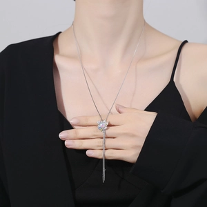 S925 silver Y-necklace with heart moonstone, colored crystals, and long tassel fringe