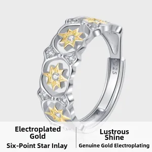 Macro detail of S925 sterling silver ring with gold-plated hexagram and zircon inlay