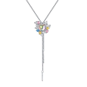 S925 silver heart necklace with moonstone, colorful stones, and bow tassel design