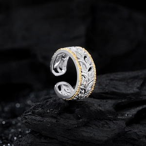 Elegant S925 sterling silver leaf open ring with gold trim and zircon crystals