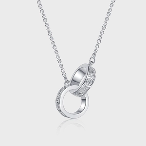 925 Sterling Silver Interlocking Double Ring Necklace For Women Vintage Tang Grass Relief Pattern Clavicle Chain Jewelry Gift
