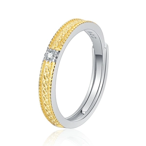 Two-tone 925 silver adjustable ring with woven texture and central round zircon stone