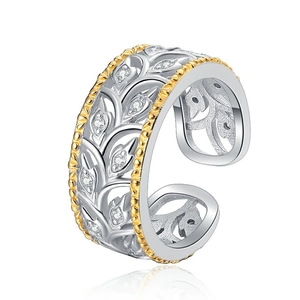 S925 sterling silver ring with gold edges, hollow leaves, and clear zircons for women