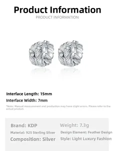 Tableau des tailles pour boucles d'oreilles plume en argent 925, longueur 15mm et largeur 7mm