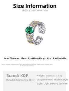 Size guide for S925 sterling silver emerald ring showing 17mm inner diameter and specs