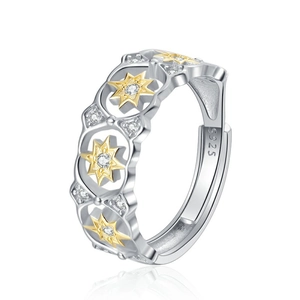 S925 sterling silver open ring with gold two-tone hollow hexagram and zircon stones
