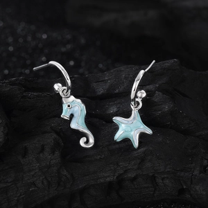 S925 sterling silver asymmetric sea horse and starfish earrings with light blue enamel