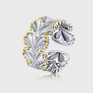 Bague Ouverte en Argent Sterling 925 Feuille de Ginkgo Élégante Bicolore Or Argent Brossé Bague Réglable Femme Bijoux