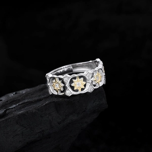S925 sterling silver ring with gold two-tone hollow star pattern and white zircon inlay