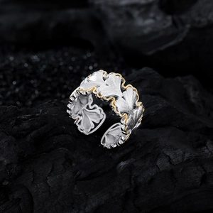 Bague ouverte élégante en argent S925 feuille de ginkgo avec bordure dorée et brossée